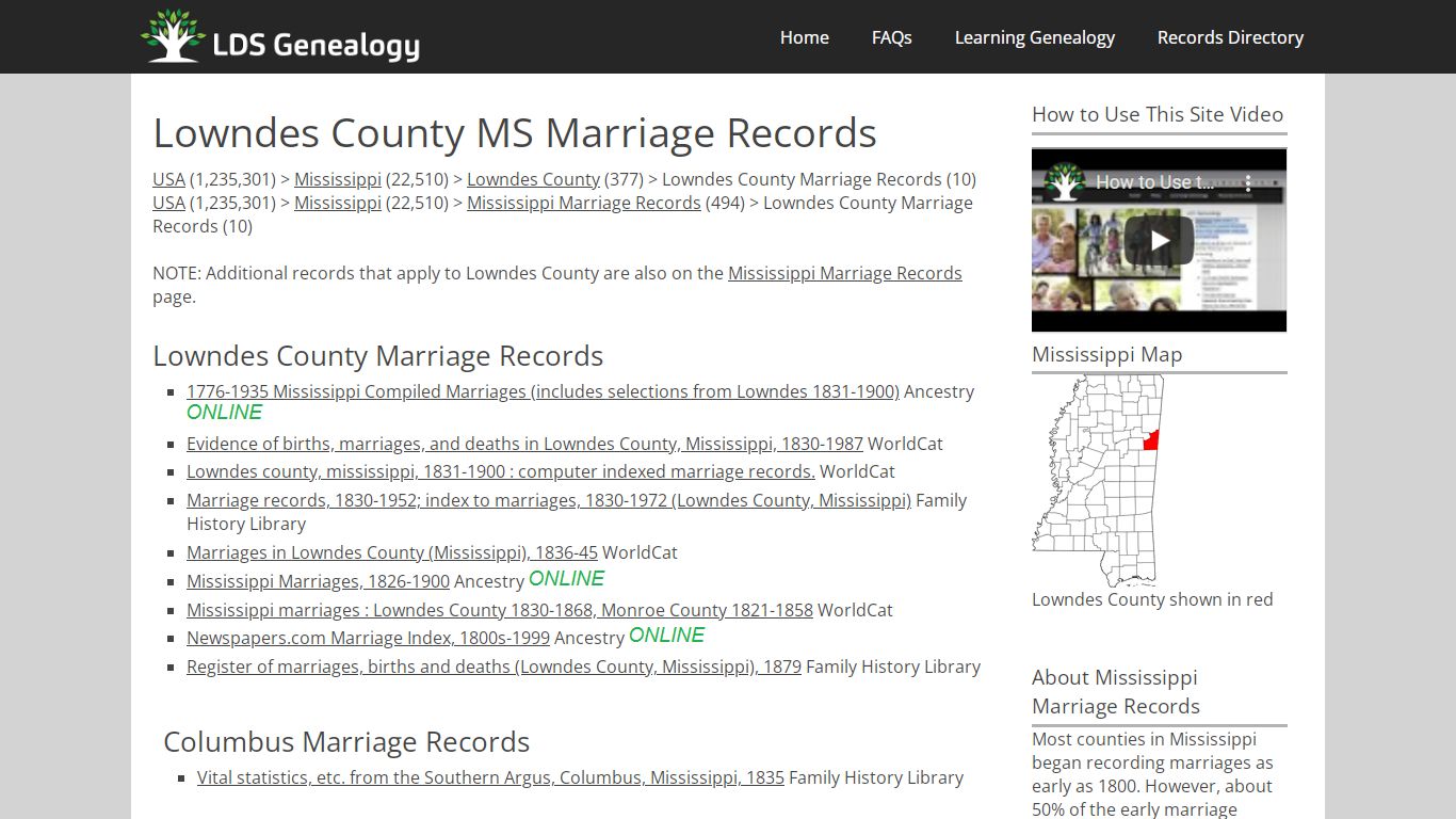 Lowndes County MS Marriage Records - LDS Genealogy